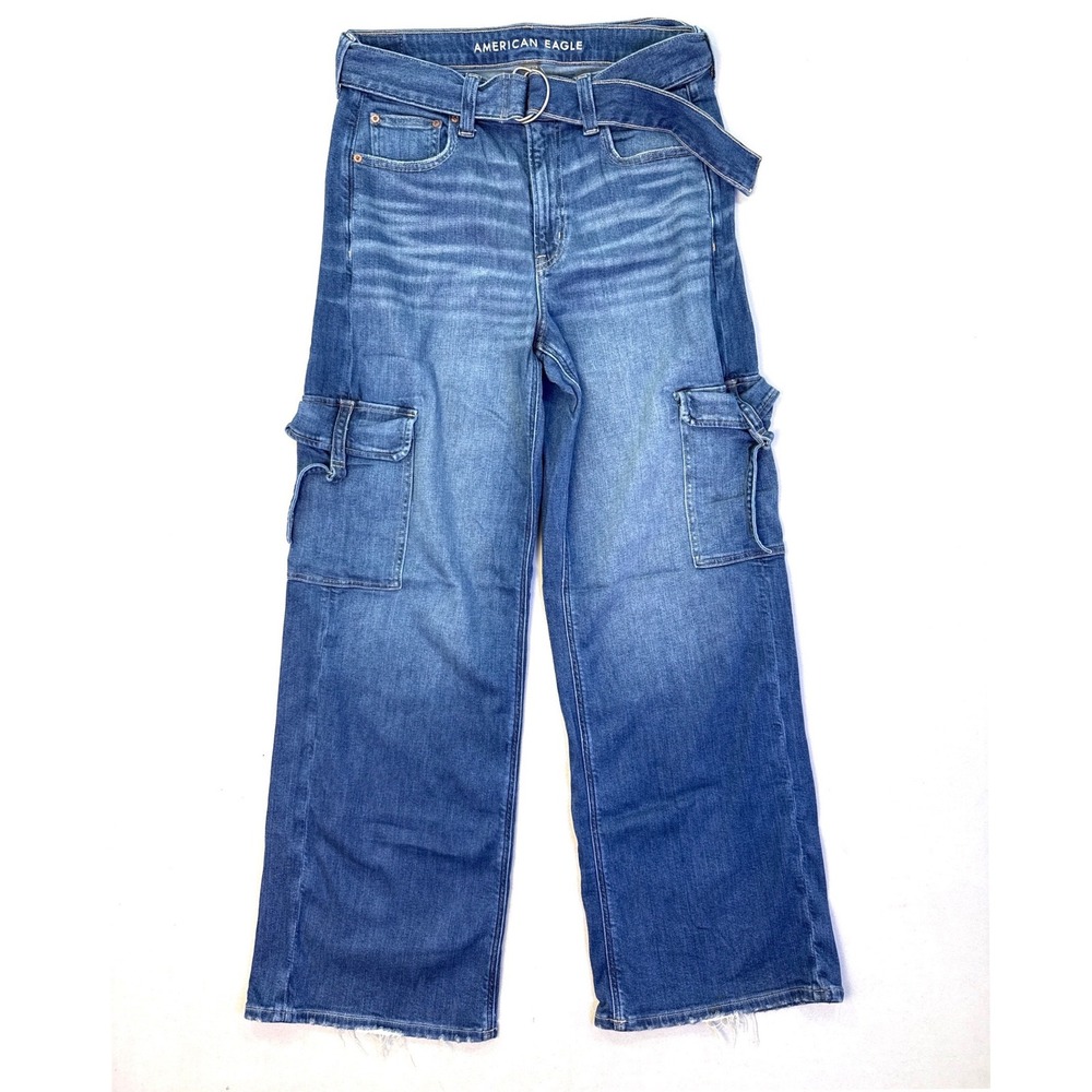 American Eagle Super High-Rise Baggy Wide Leg Cargo Jeans Belted Medium Wash 8